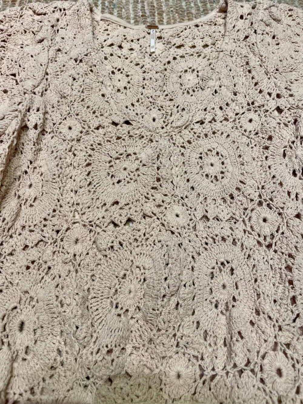 Free People Sand Dune Crochet Puff Sleeve Mesh Bodysuit Top Natural XS EUC